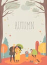 Cartoon people walking in autumn park. Joyful emotions