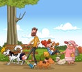 Cartoon people walking dogs in the park. Royalty Free Stock Photo