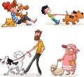 Cartoon people walking dogs.