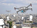 Cartoon people watching drones with big eye, flying over a big city photo