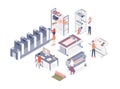 Cartoon people working at printing service center vector isometric illustration. Man and woman workers of printshop