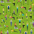 Cartoon People Workout Exercise in Gym Background Pattern on a Green. Vector