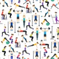 Cartoon People Workout Exercise in Gym Background Pattern on a White . Vector