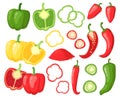 Cartoon peppers. Sweet red, yellow and hot peppers, bell pepper, juicy farm vegetables, pepper slices, cutaway peppers