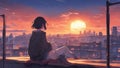 cartoon person watching sunset She is an anime character who sits on a rooftop, watching the beautiful sunset