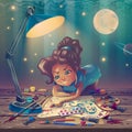 Cartoon personage as artist is working at wooden table with painter tools, painting illustrator girl as fantasy comics character