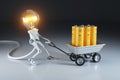 Cartoon personage lamp robot and trolley with batteries. Waste r Royalty Free Stock Photo