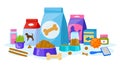 Cartoon pet food, cats and dogs pet shop accessories. Domestic pet food, pet shop equipment poster vector illustration