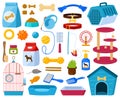 Cartoon pet shop accessories, cats, dogs food and toys. Dog and cat supplies, domestic animals care equipment. Vector Royalty Free Stock Photo