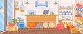 Cartoon pet store interior with counter desk and shelves. Empty animal shop indoor with accessory, toy, food. Zoo