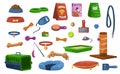 Cartoon pet toys. Assortment of veterinary store, products for dogs or cats. Collection of food bowl, collar and leash