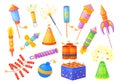 Cartoon petards. Feast firecracker and fireworks, fire crackers explosion pyrotechnic fountain firework festive salute