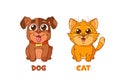 Cartoon Pets Cat And Dog Animals Isolated On White Background. Adorable Animated Personages For Children Media