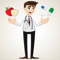 Cartoon pharmacist with apple and pills