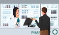 Cartoon Pharmacist and client at the Counter buying Medications in Pharmacy