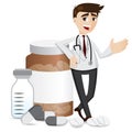 Cartoon pharmacist with medicine pills and bottle Royalty Free Stock Photo