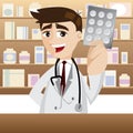 Cartoon pharmacist with pack of medicine