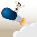 Cartoon pharmacist riding capsule missile