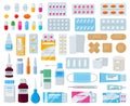 Cartoon pharmacy medication, pills bottle, drugs and patches. Medicines, sprays and pharmaceuticals hospital equipment