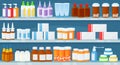 Cartoon pharmacy shelves with medical products and pill bottles. Medicines, medical drugs on drugstore shelf or showcase