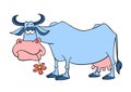 Cartoon phlegmatic cow. Vector illustration isolated on white. Cartoon blue cow