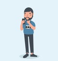 Cartoon photographer with camera hanging flat design