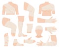 Cartoon physical injured body parts in bandage applications. Bandaged human body parts, protected wounds, fractures and Royalty Free Stock Photo