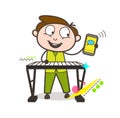 Cartoon Pianist Showing Phone - Book Musician Online Vector Concept