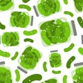 Cartoon Pickled cucumbers in jar pattern seamless. vector background