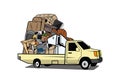 Cartoon pickup truck loaded full of household junk design illustration