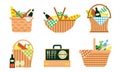 Cartoon picnic baskets. Summer family weekend wicker bags for food or drinks, blankets and sport inventory. hampers with