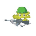 A cartoon picture of bacterium in Army style with machine gun