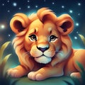A cartoon picture of a cute baby lion sitting seriously in a starry background Generative AI Royalty Free Stock Photo