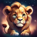 A cartoon picture of a cute baby lion sitting seriously in a starry background Generative AI Royalty Free Stock Photo