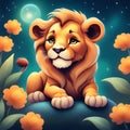 A cartoon picture of a cute baby lion sitting seriously surrounded by flowers Generative AI Royalty Free Stock Photo