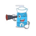 A cartoon picture of hand wash gel Sailor using binocular