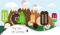 Cartoon picture of a landscape of ice cream and sweets. Mountains with Gelato balls and Popsicle trees.. Flat vector Royalty Free Stock Photo