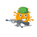 A cartoon picture of nobecovirus in Army style with machine gun