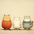 Cartoon picture of three cute cats. Cool and funny, in the style of atmospheric color washes