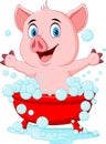 Cartoon pig bathing waving hand