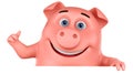Cartoon pig character shows thumb up on a white background. 3d rendering. Illustration for advertising