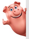 Cartoon pig character shows thumb up on a white background. 3d rendering. Illustration for advertising