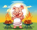 cartoon pig chef bbq grill holding spare ribs.