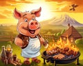 cartoon pig chef bbq grill holding spare ribs. Royalty Free Stock Photo