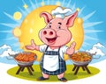 cartoon pig chef bbq grill holding spare ribs.
