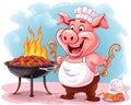 cartoon pig chef bbq grill holding spare ribs.