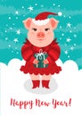 Cartoon pig Happy New Year 2019 greeting card. Funny pig in a red Santa Claus hat holds a gift. Vector isolated Royalty Free Stock Photo