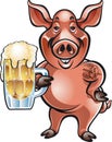 Cartoon pig holding foaming beer in a mug