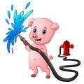 Cartoon pig with hose spraying water and fire hydrant