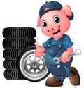 Cartoon pig mechanic with car tire giving a thumbs up and holding a spanner